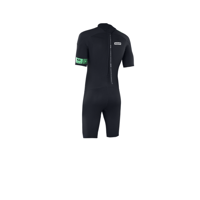 ION Base re 2/2 shorty wetsuit back zip in black and mint green, back view