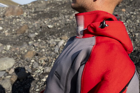 ION Fuse Drysuit 4/3mm back-zip drysuit in red and grey with detachable hood