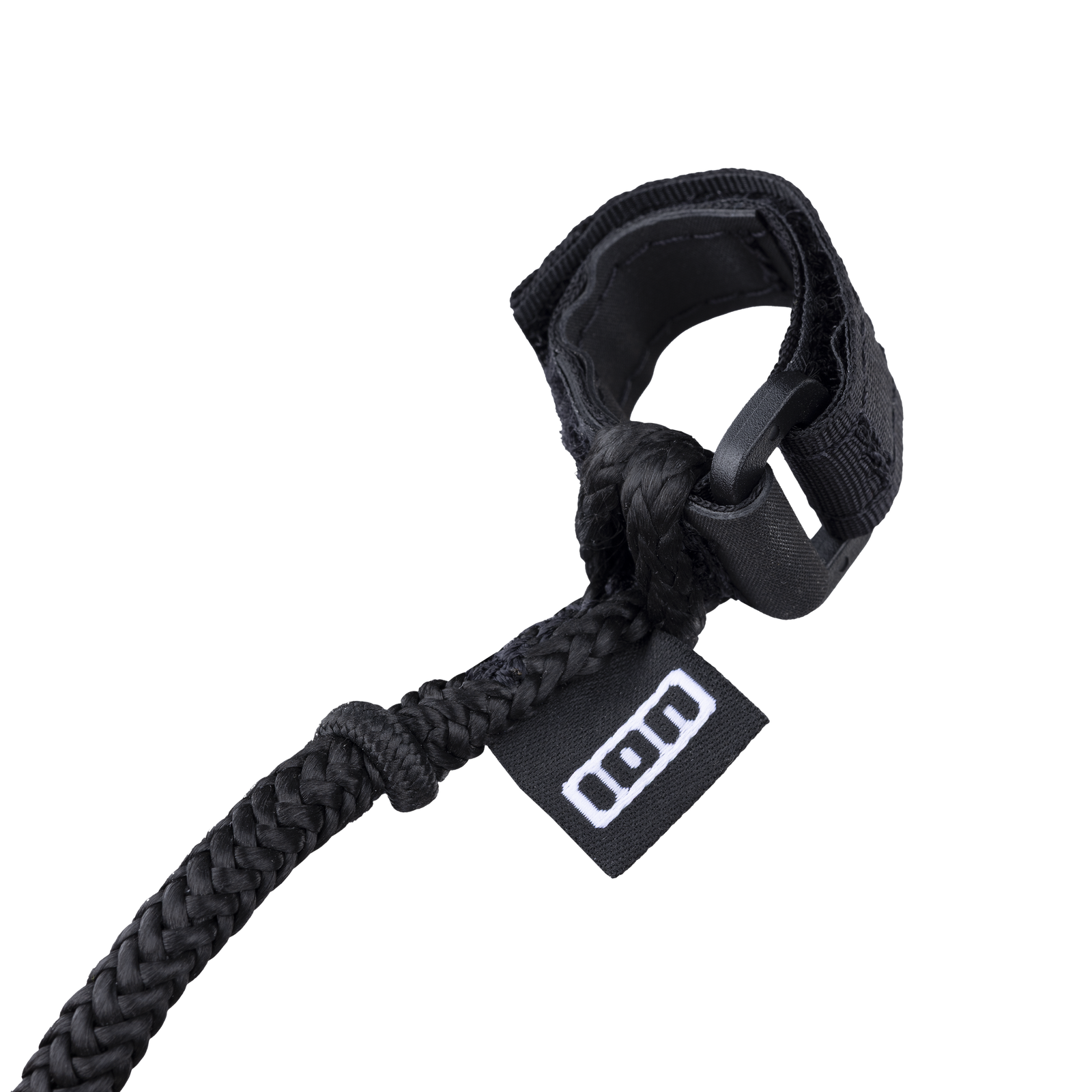 ION Wing Harness Line Elastic in black, detail of braided line with padded handle loop and clip