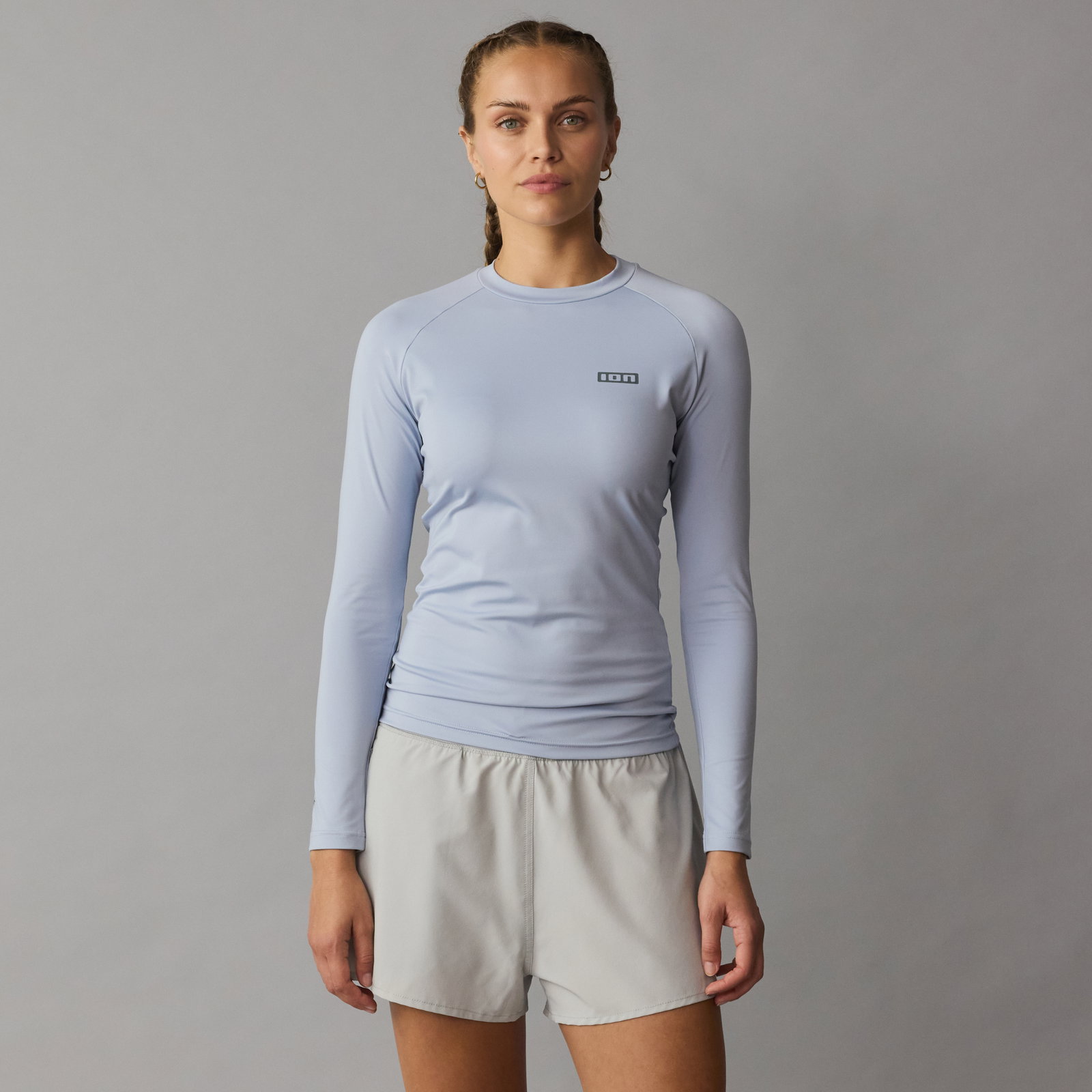 ION Rashguard LS women long-sleeve top in misty blue with UV protection from recycled materials