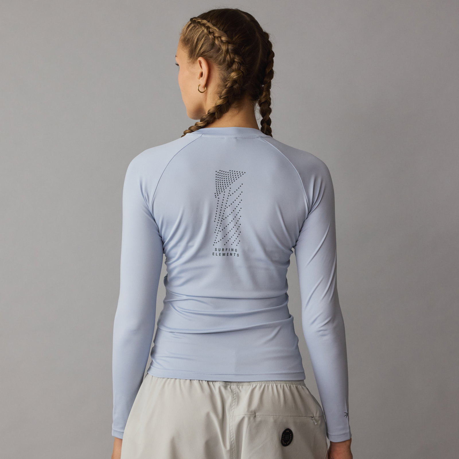 ION Rashguard LS women long-sleeve rashguard in misty blue with back graphic, back view