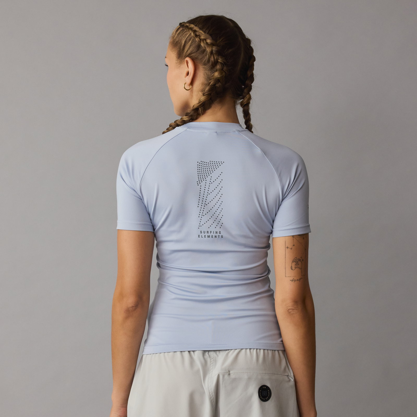 ION Rashguard SS women short-sleeve rashguard in mist with back graphic, rear view