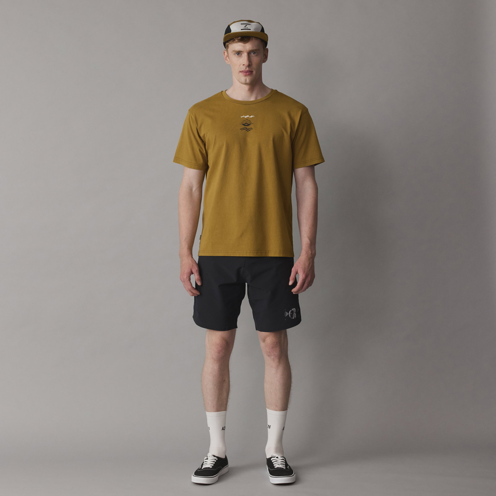 ION Water Mood SS men's T-shirt in olive gold with chest graphic, worn by model