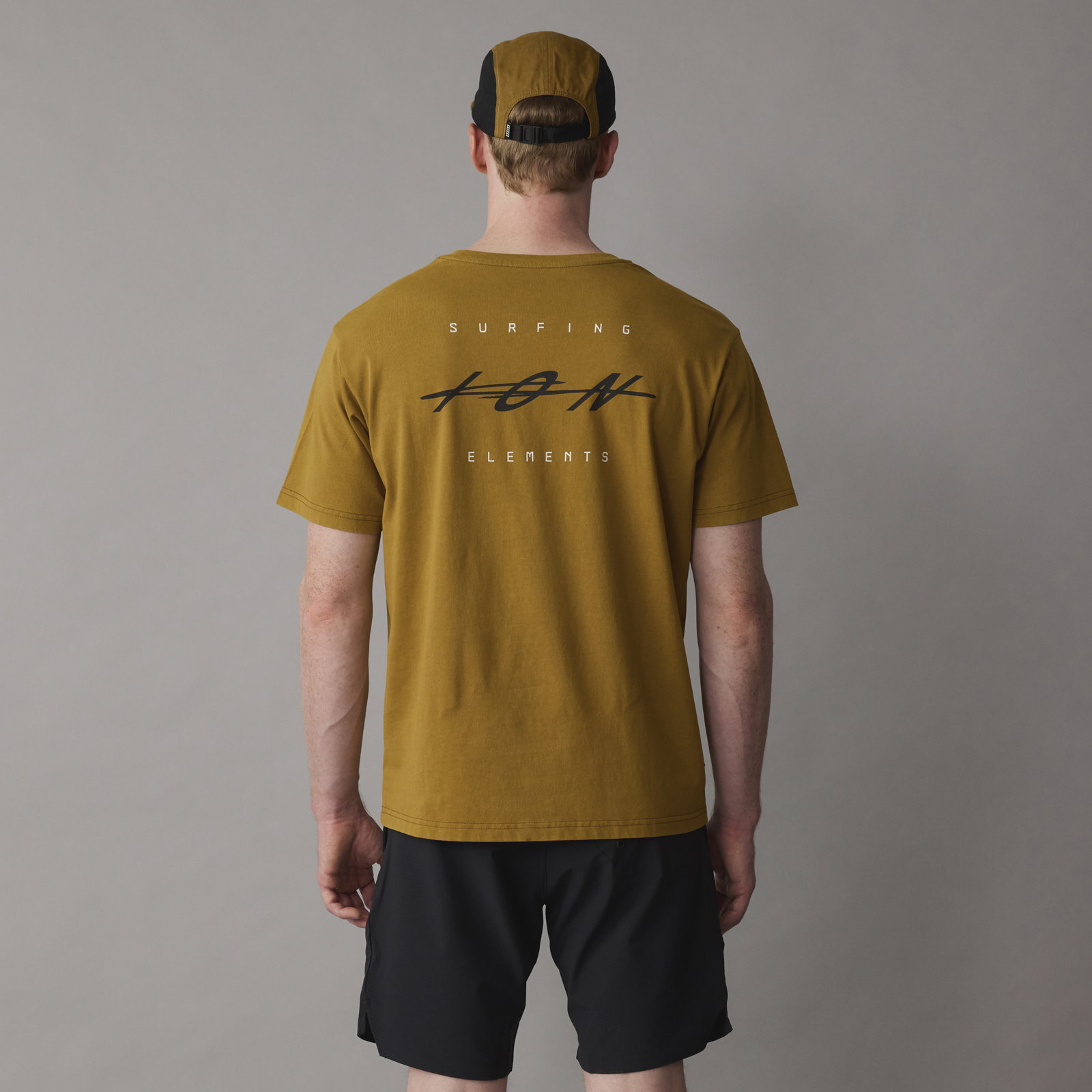 ION Mood short-sleeve t-shirt men in olive brown with back graphic, rear view on model