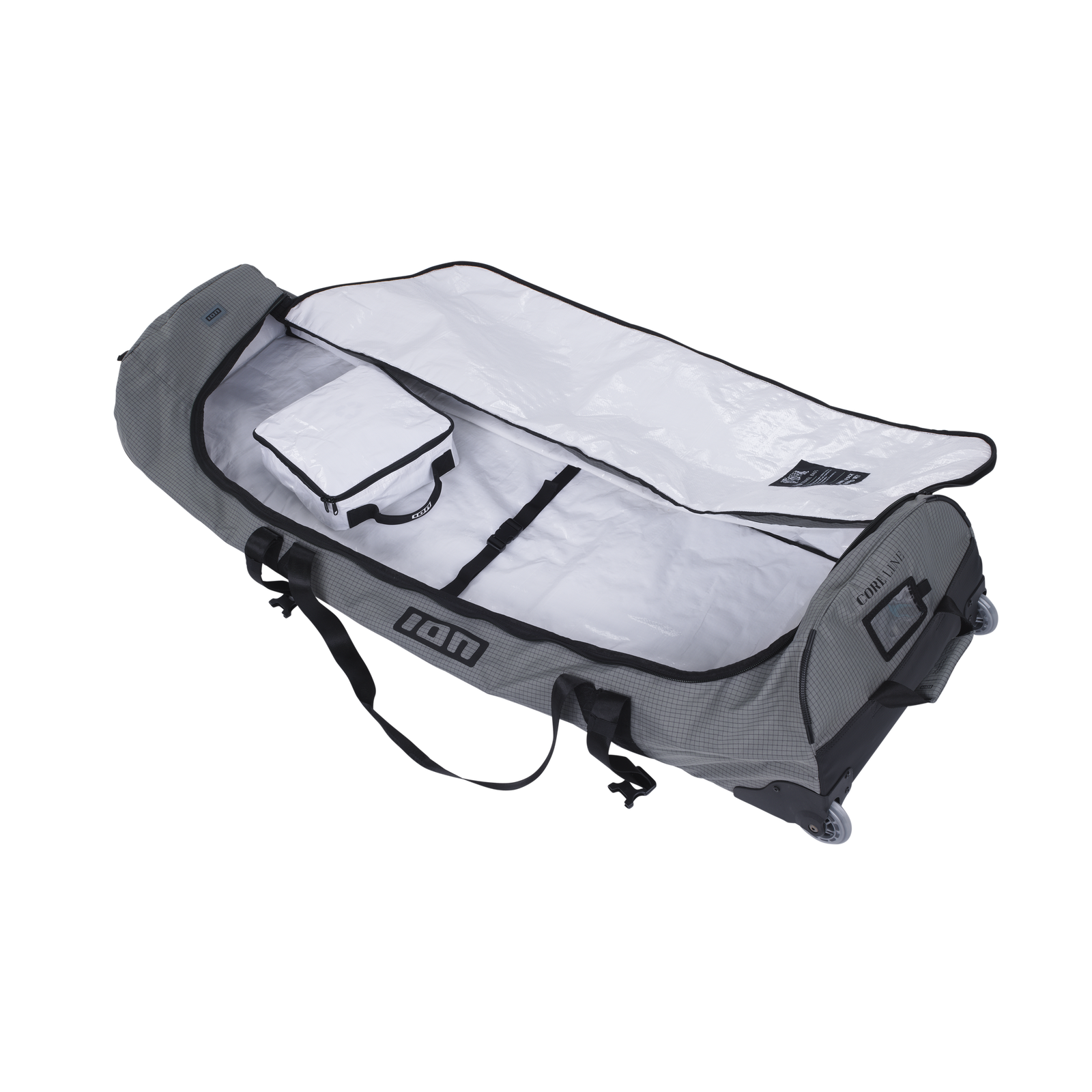 ION Core Golf kite gear bag 145cm in slate grey with white interior and wheels, shown open