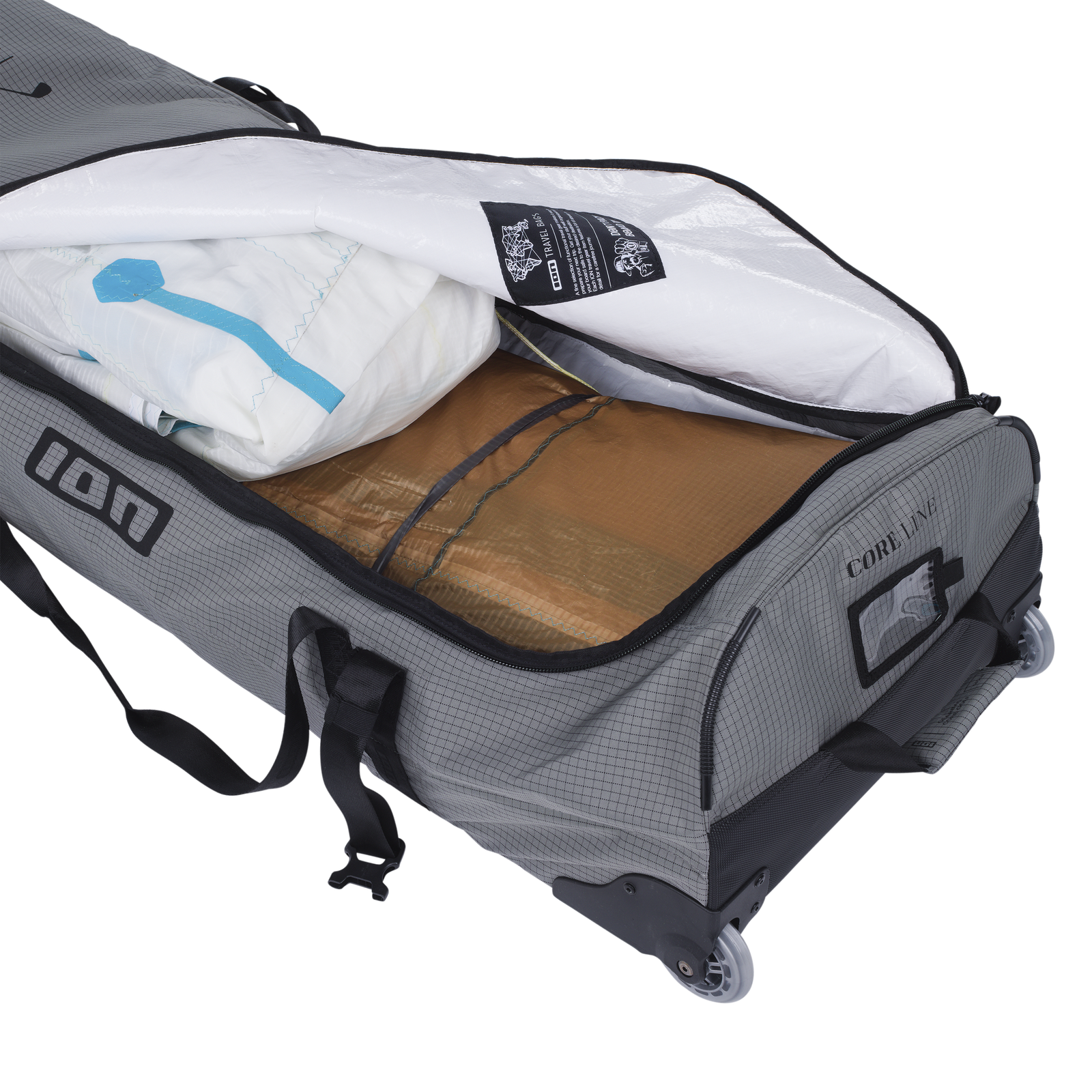 ION Core kite gear bag 145cm in charcoal grey, open showing dual compartments for board and kites