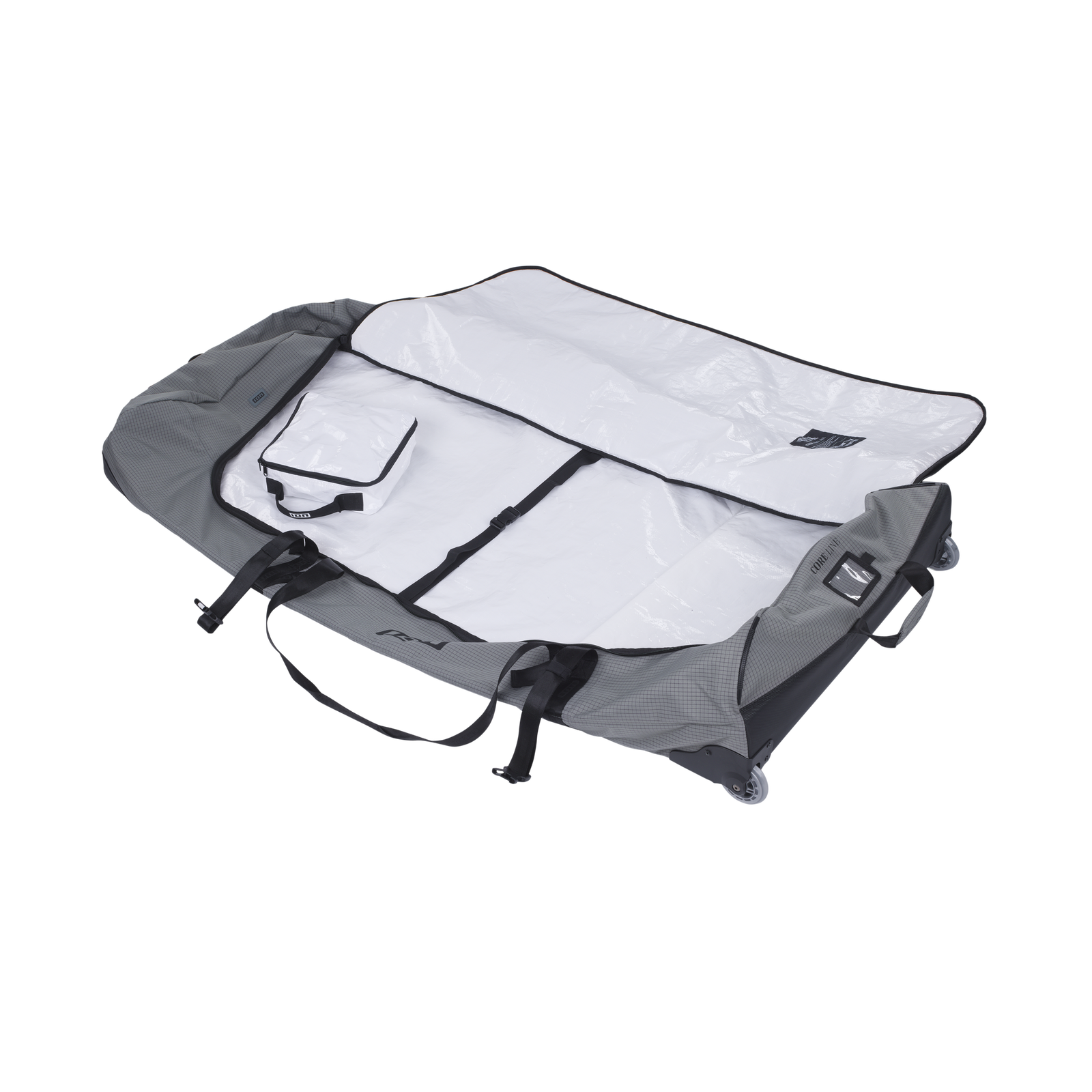 ION Wing Gearbag Core gear bag in charcoal grey and white, open showing padded interior with wheels