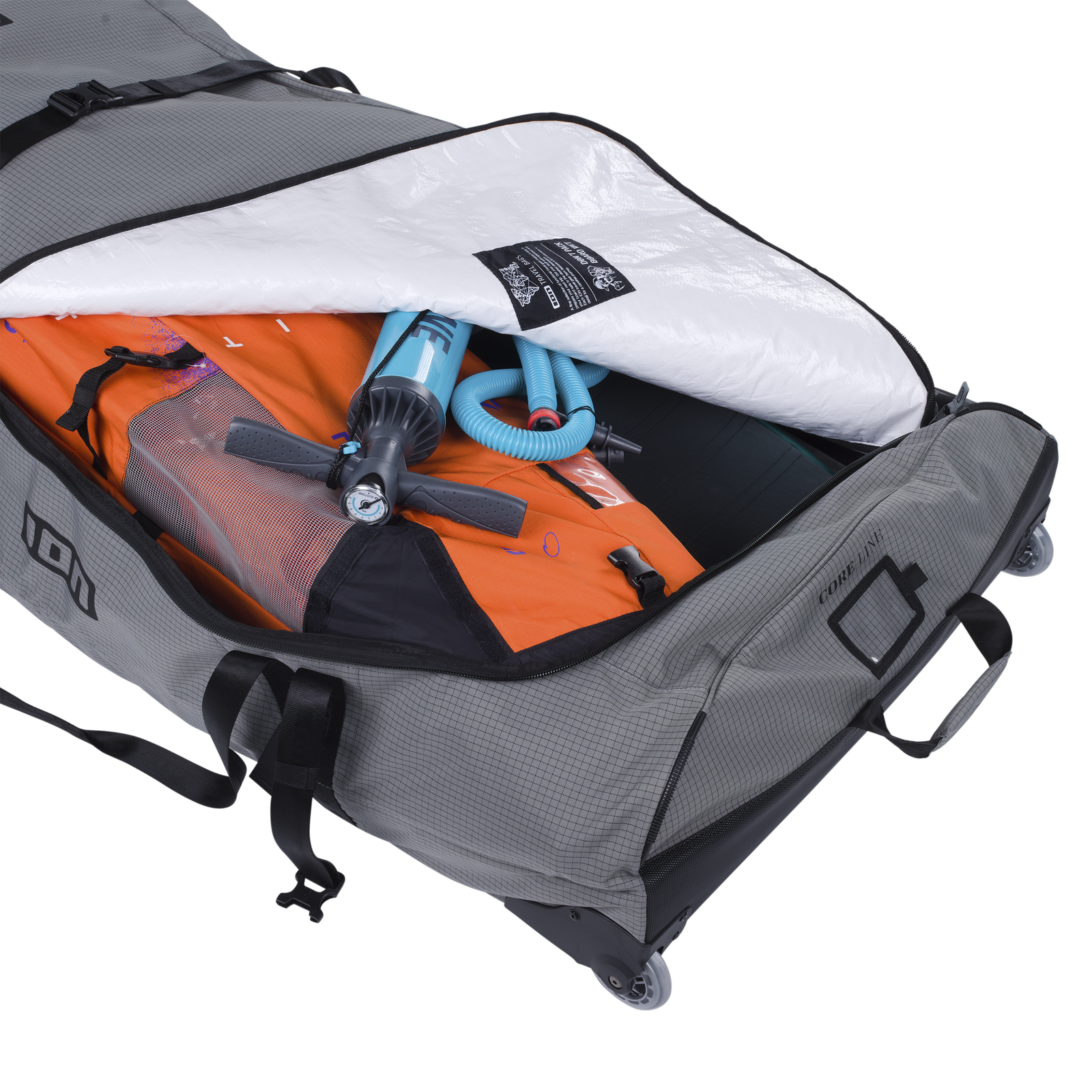 ION Wing Gearbag Core travel bag in charcoal grey, open showing board and wing foil equipment
