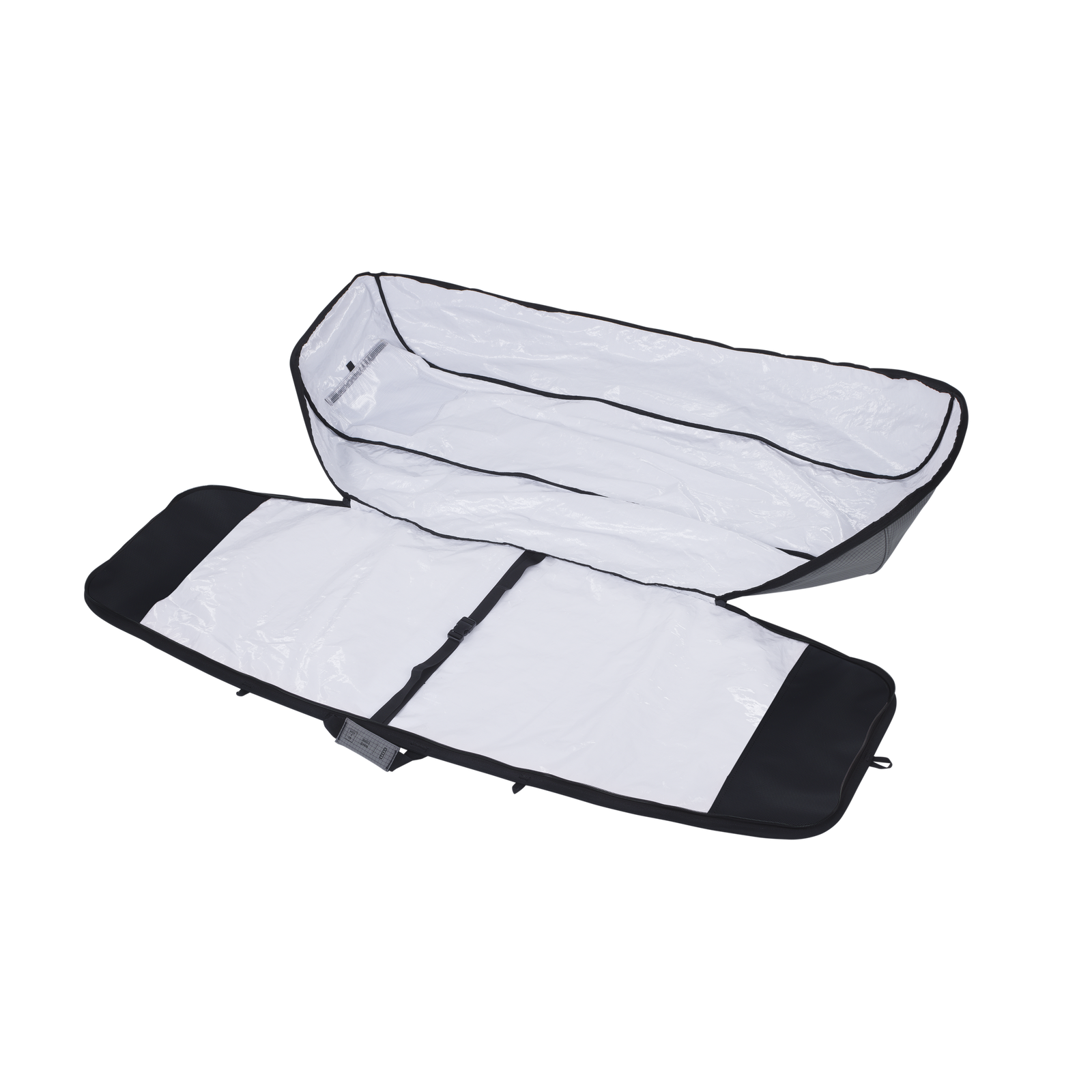 ION Core wake board bag 153x47cm in charcoal black, open showing white padded interior