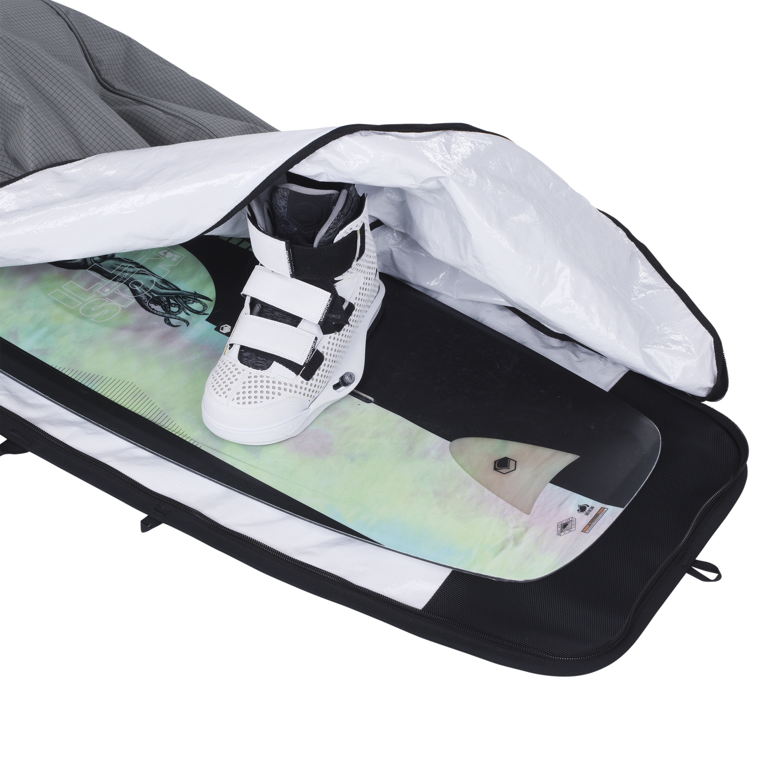 ION Wake Boardbag Core board bag 153x47cm in dark charcoal open showing white interior with wakeboard