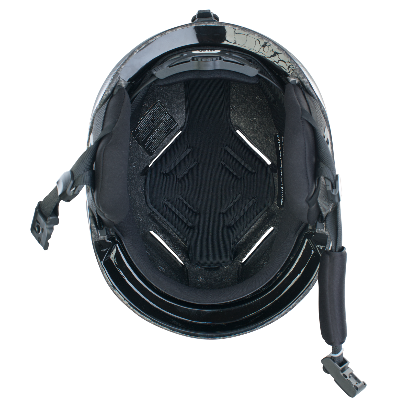 Casco ION Mission Select in nero carbone vista interna con schiuma EPS e cinturino sottogola taglia M-L