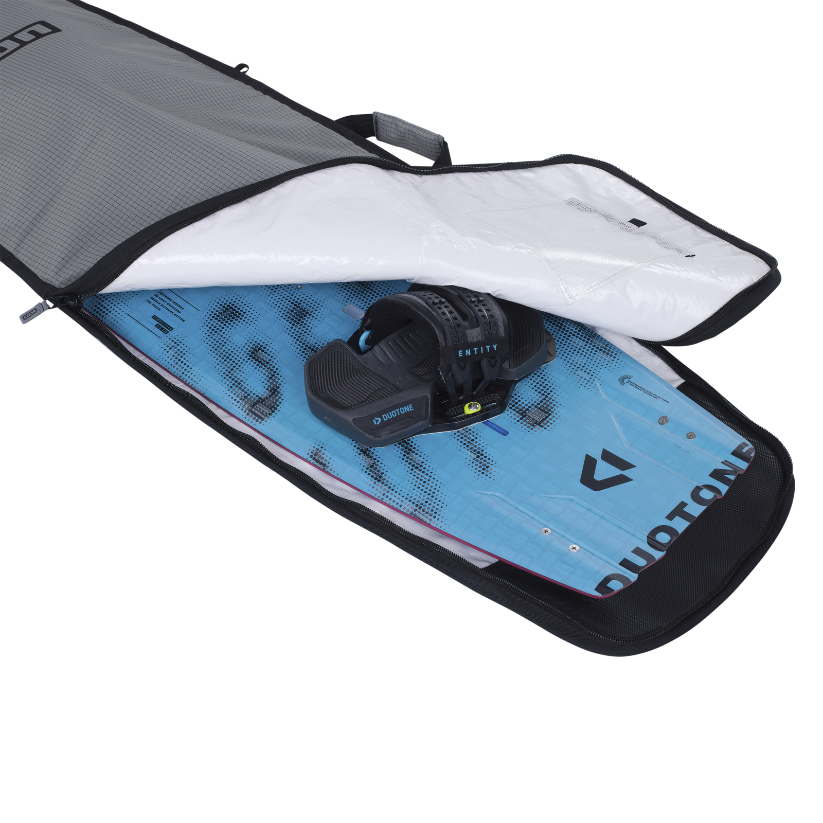ION Core twin-tip boardbag in charcoal open with Duotone kiteboard — recycled shell