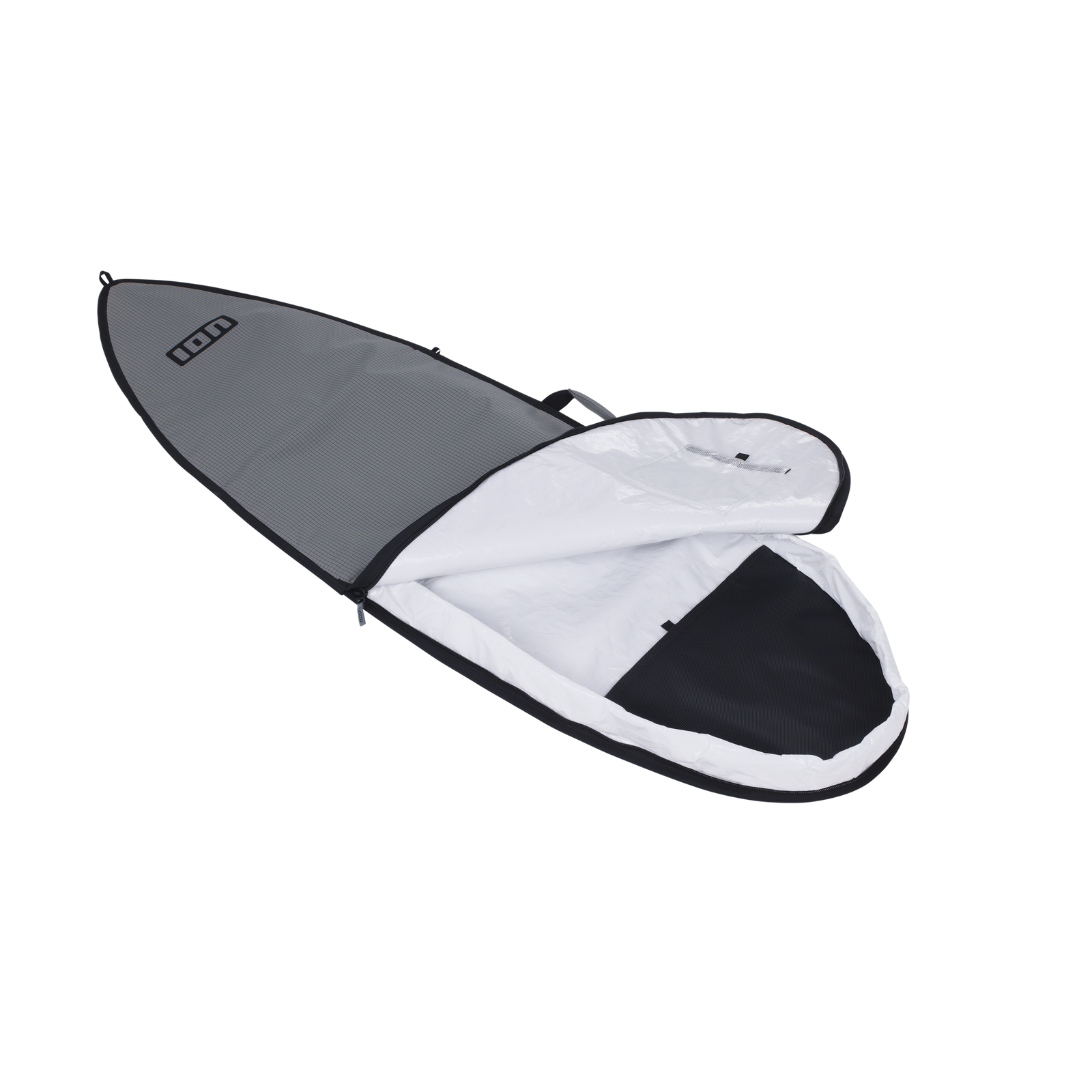 ION Surf Boardbag Core surfboard bag in charcoal grey, open showing white fleece interior