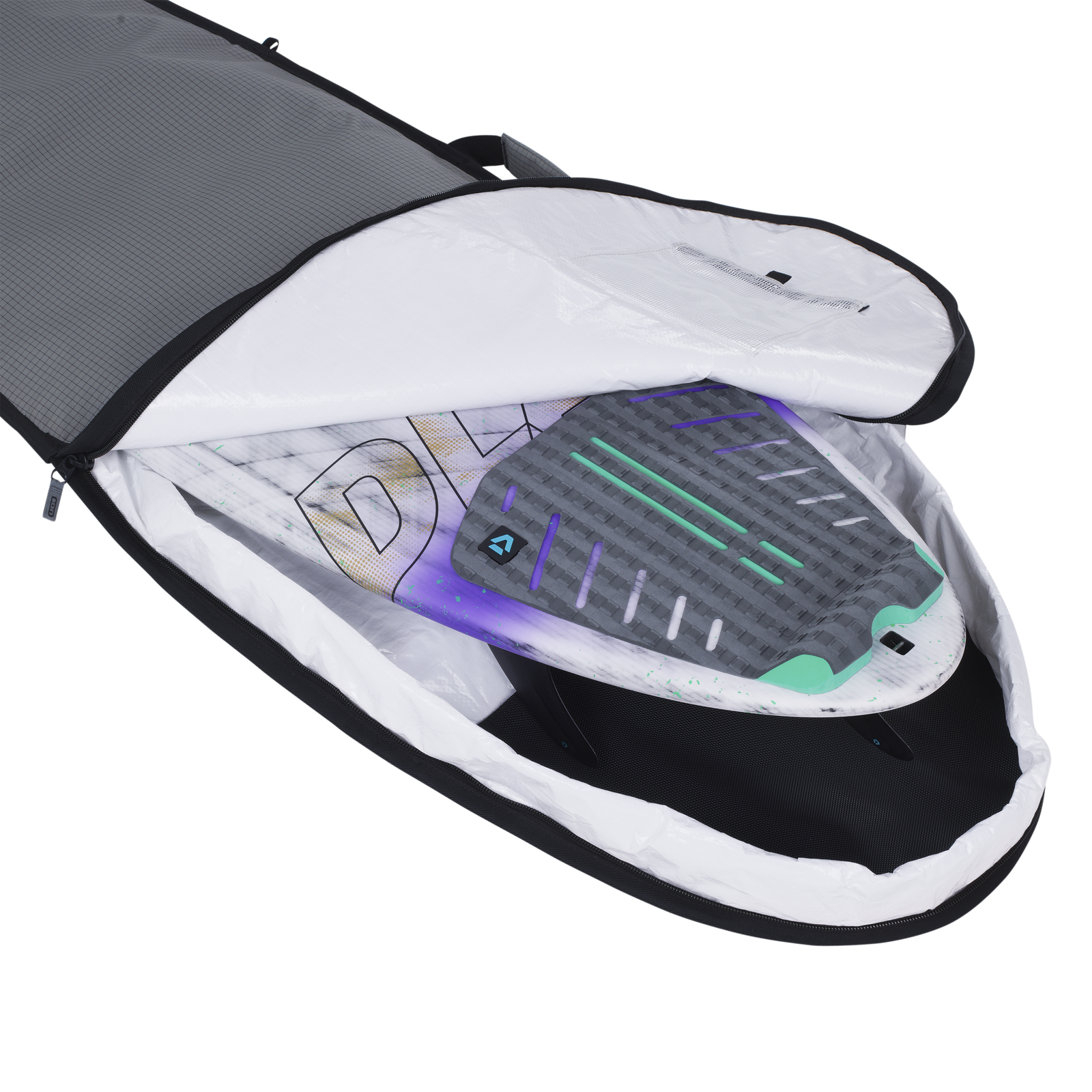ION Surf Boardbag Core open showing padded white interior with surfboard inside in charcoal