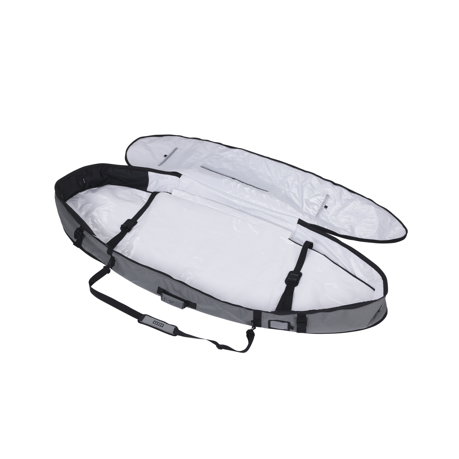 ION Core Triple surf board bag 6'8" in charcoal and white, open showing triple compartments and shoulder strap
