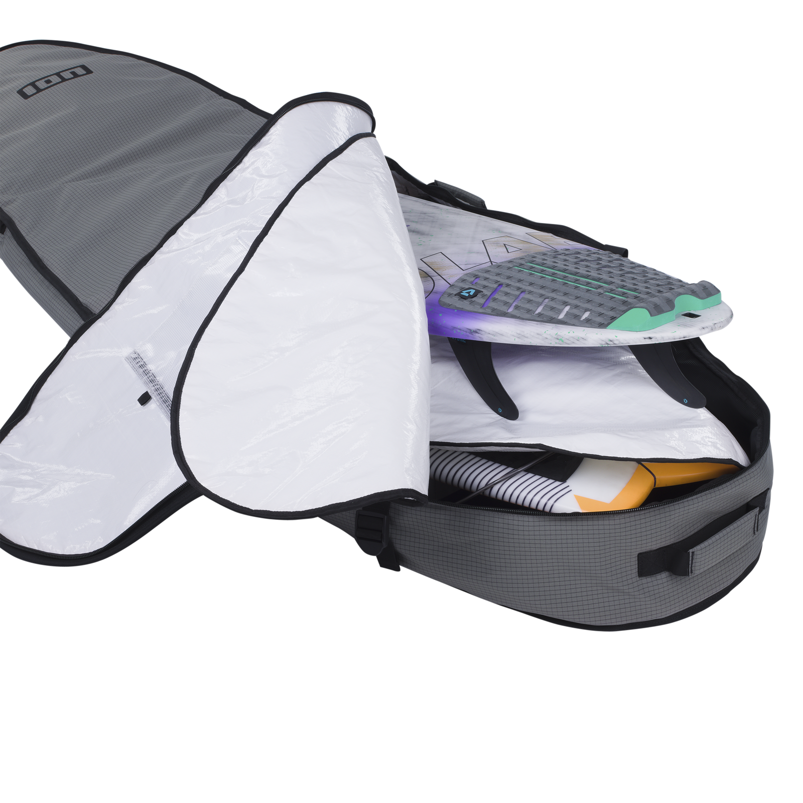 ION Core Triple surf boardbag 6'8" in charcoal grey, open view with surfboards