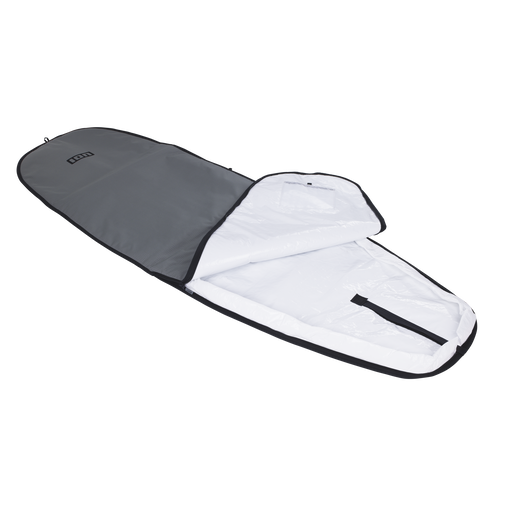 ION Core windsurf board bag Stubby in charcoal grey, open showing white padded interior