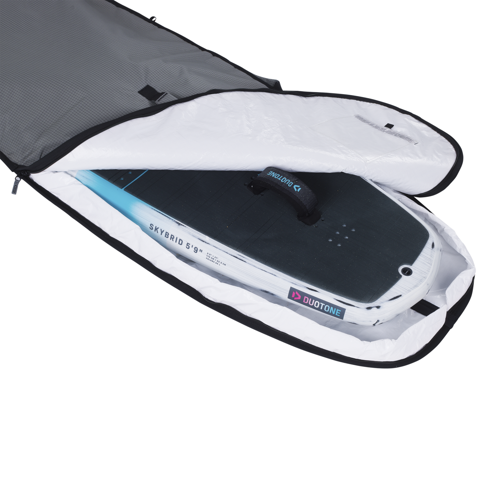 ION Wing Boardbag Core Slim in dark charcoal, open with white quilted interior holding a Duotone Skybrid foil board 5'9"