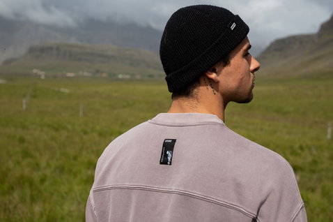 ION Mood men's sweater in driftwood with back patch label, lifestyle back view in mountain meadow