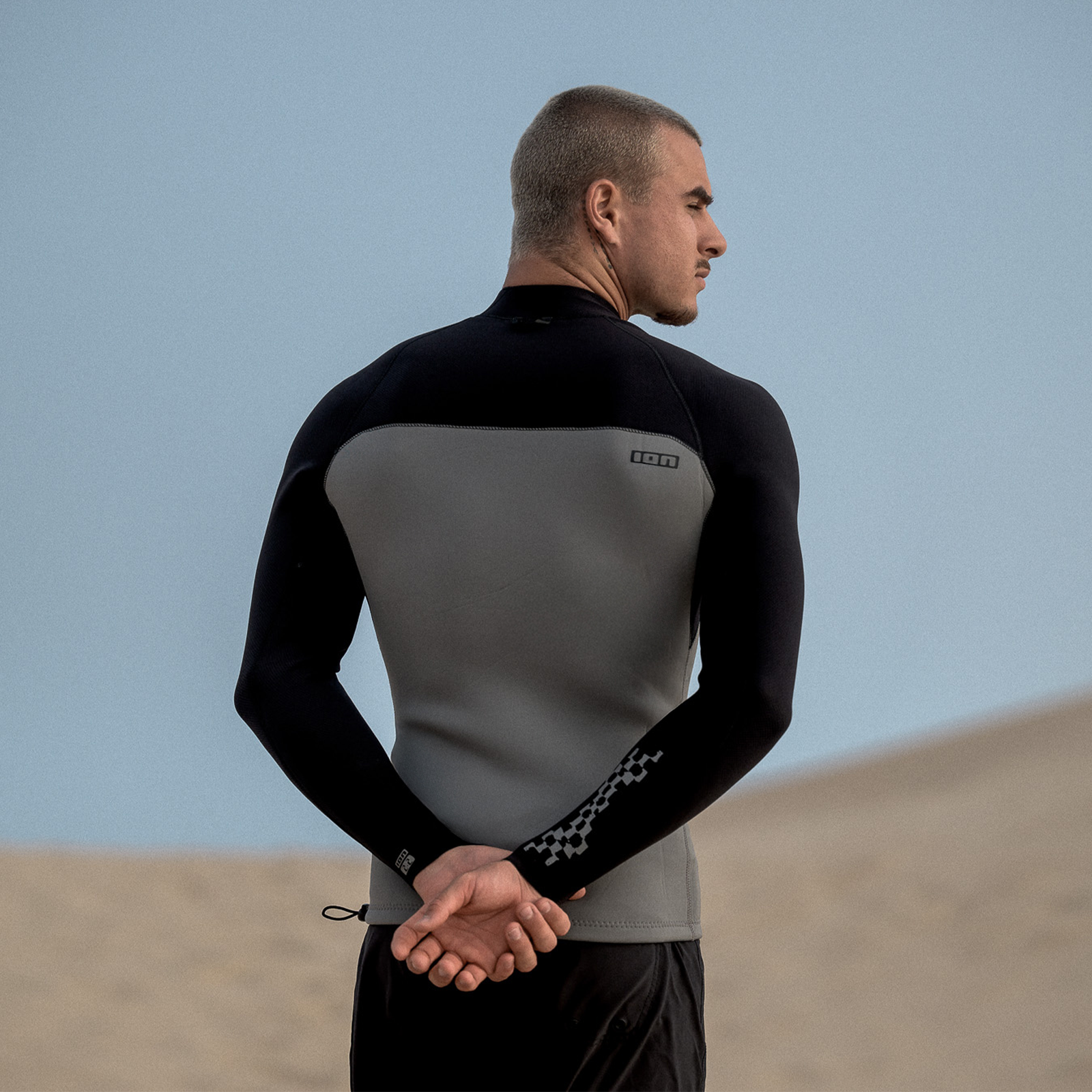 ION Neo Top 2/2 LS men neoprene top in black and sage grey back view