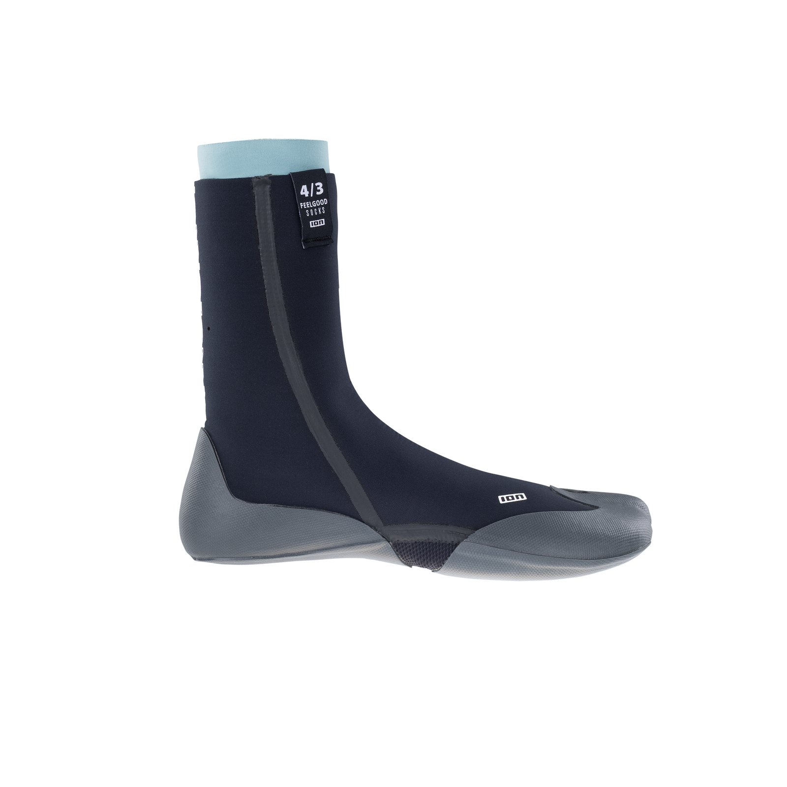 ION Feelgood neoprene fin socks 4/3mm in black and aqua, side view