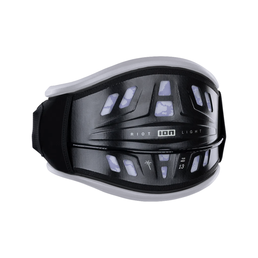 ION Riot Light waist harness in black with white edge padding and CURV® hard shell construction