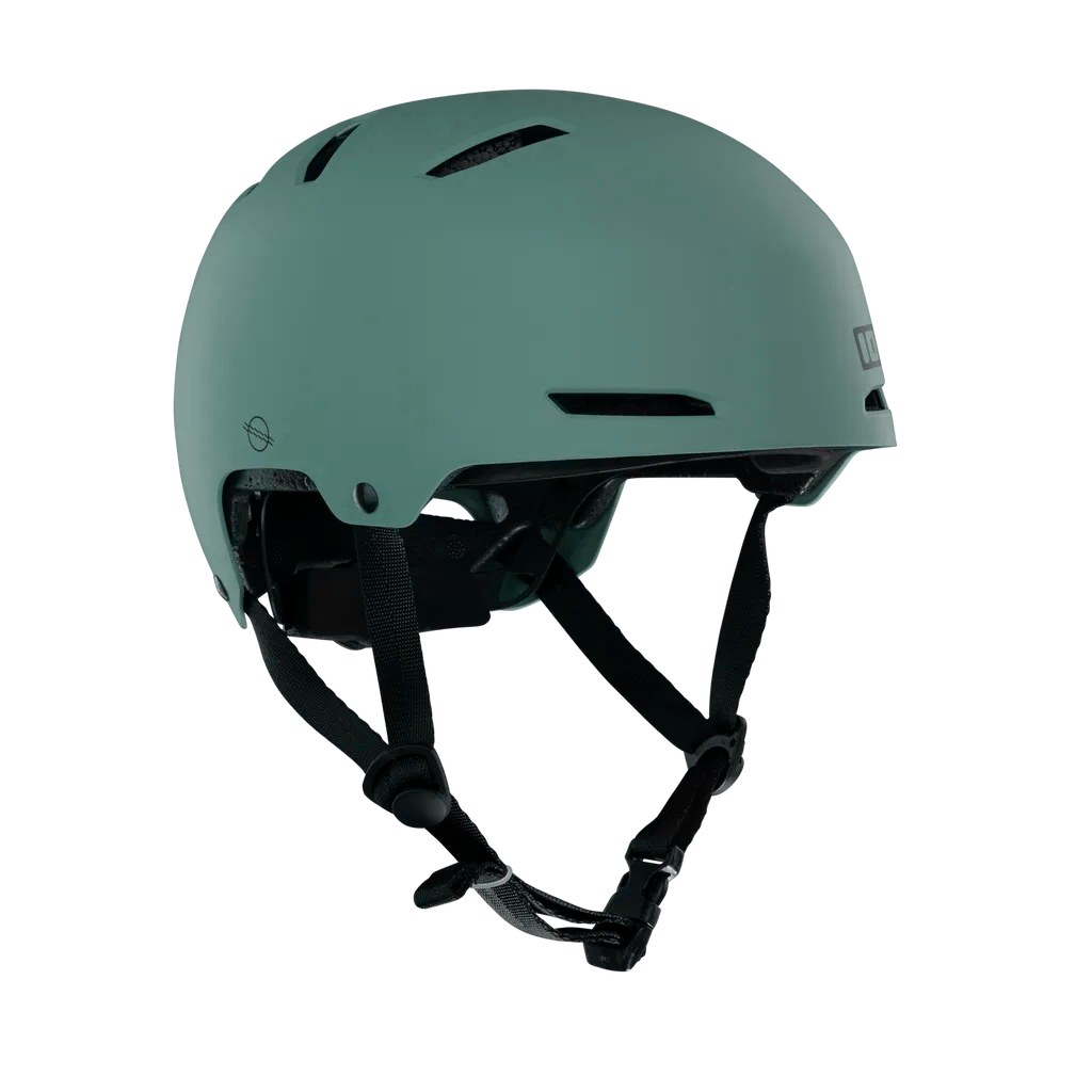 ION Slash Core helmet in sage green with black chin straps, three-quarter view