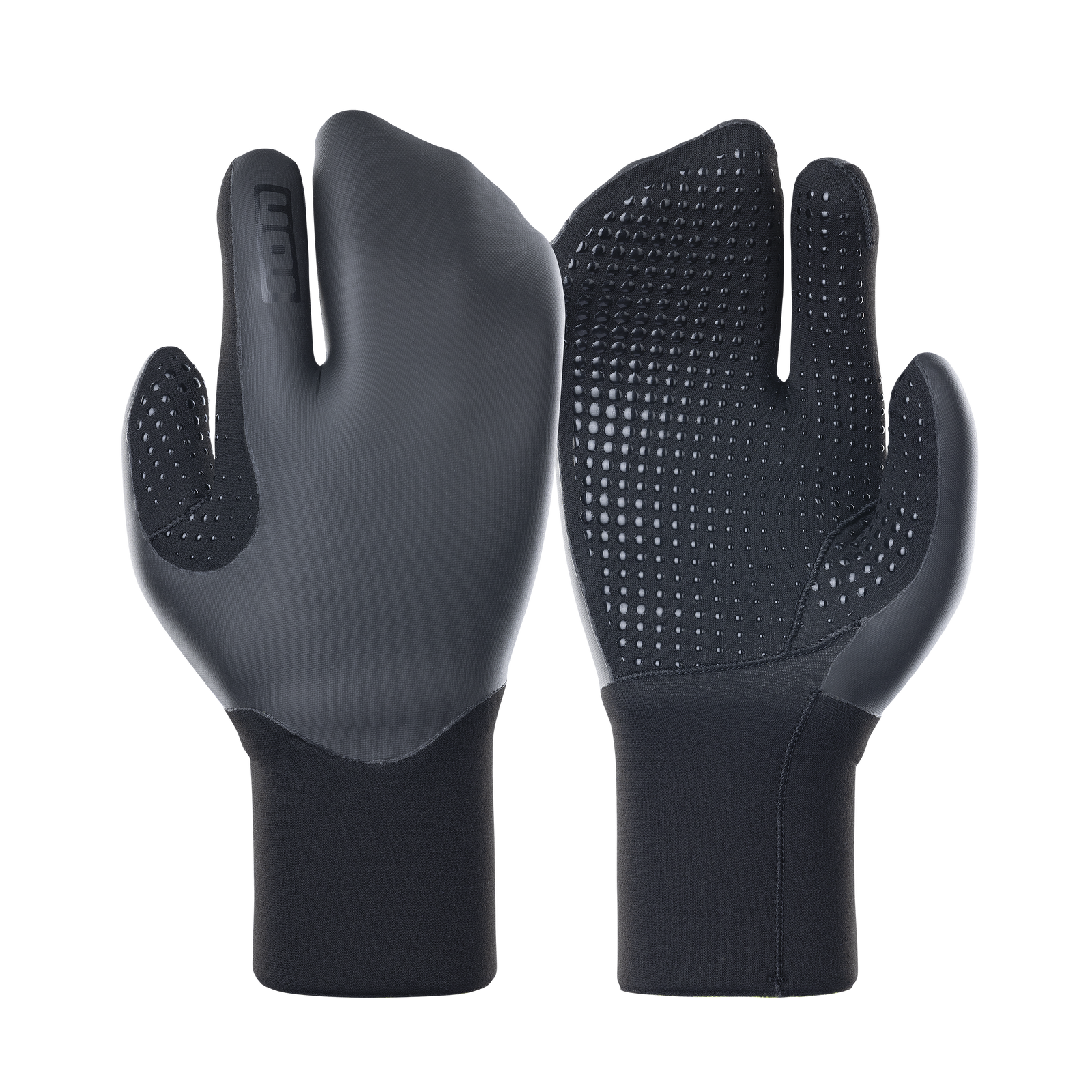 ION Lobster Mitt 4/3mm neoprene mittens in charcoal and black, front and back view