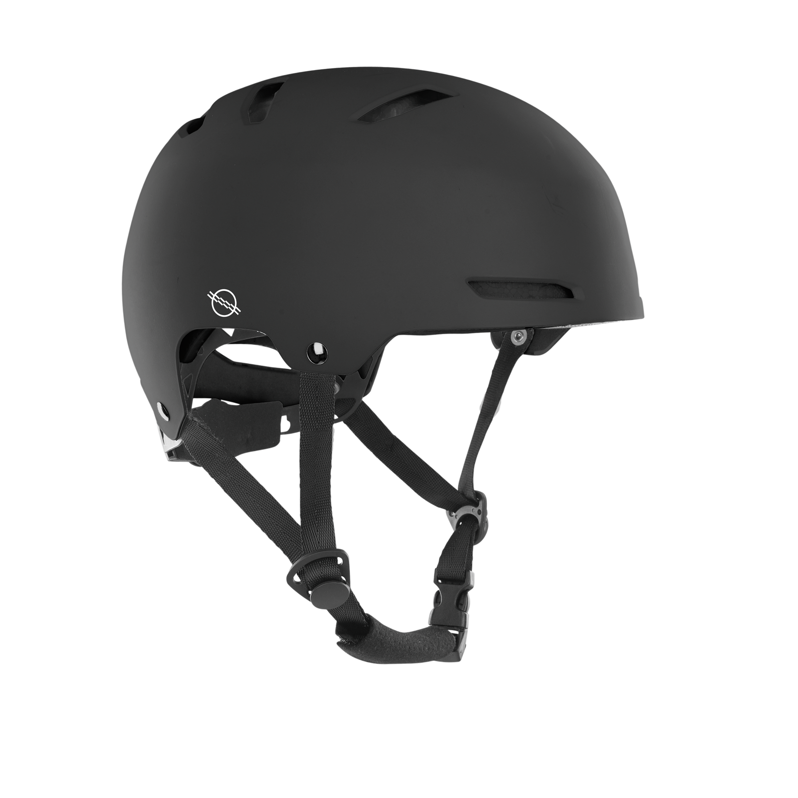 ION Slash Core helmet in black, three-quarter view showing 360-Fit system and chin strap