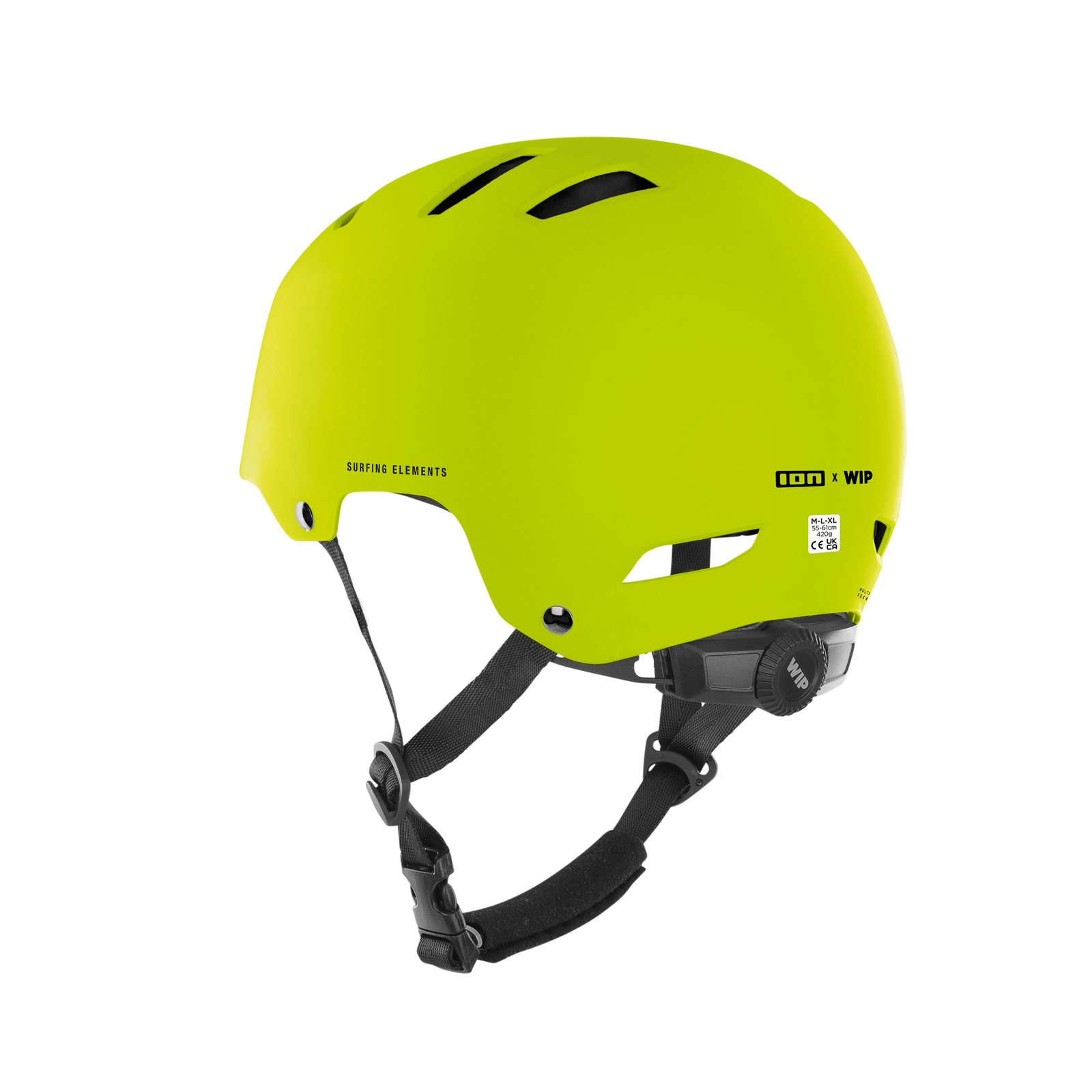 ION Slash Core Helm in limonengelb mit 360°-Fit-System und schwarzen Gurten, Dreiviertelansicht