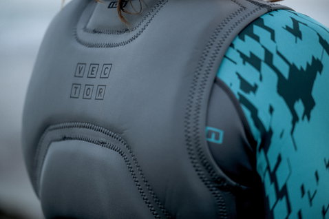 ION Vector Vest Core impact vest in slate grey and teal, back detail showing padding construction