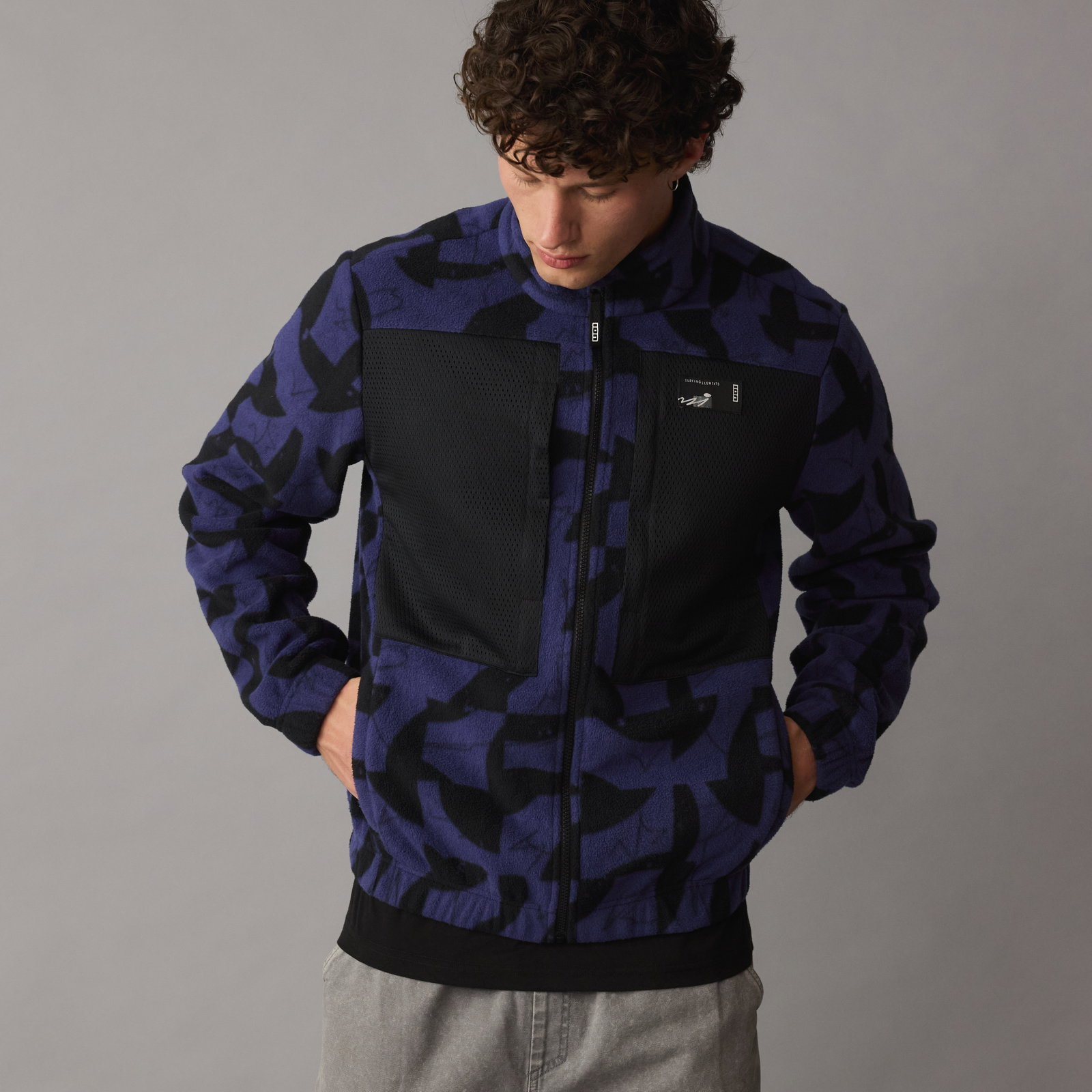ION Jacket HD Fleece unisex fleece jacket in deep water blue with bird print and mesh panel