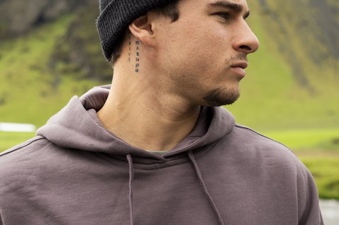ION Ionic Hoody Herren in dusty mauve, getragen bei Outdoor-Shooting auf Island