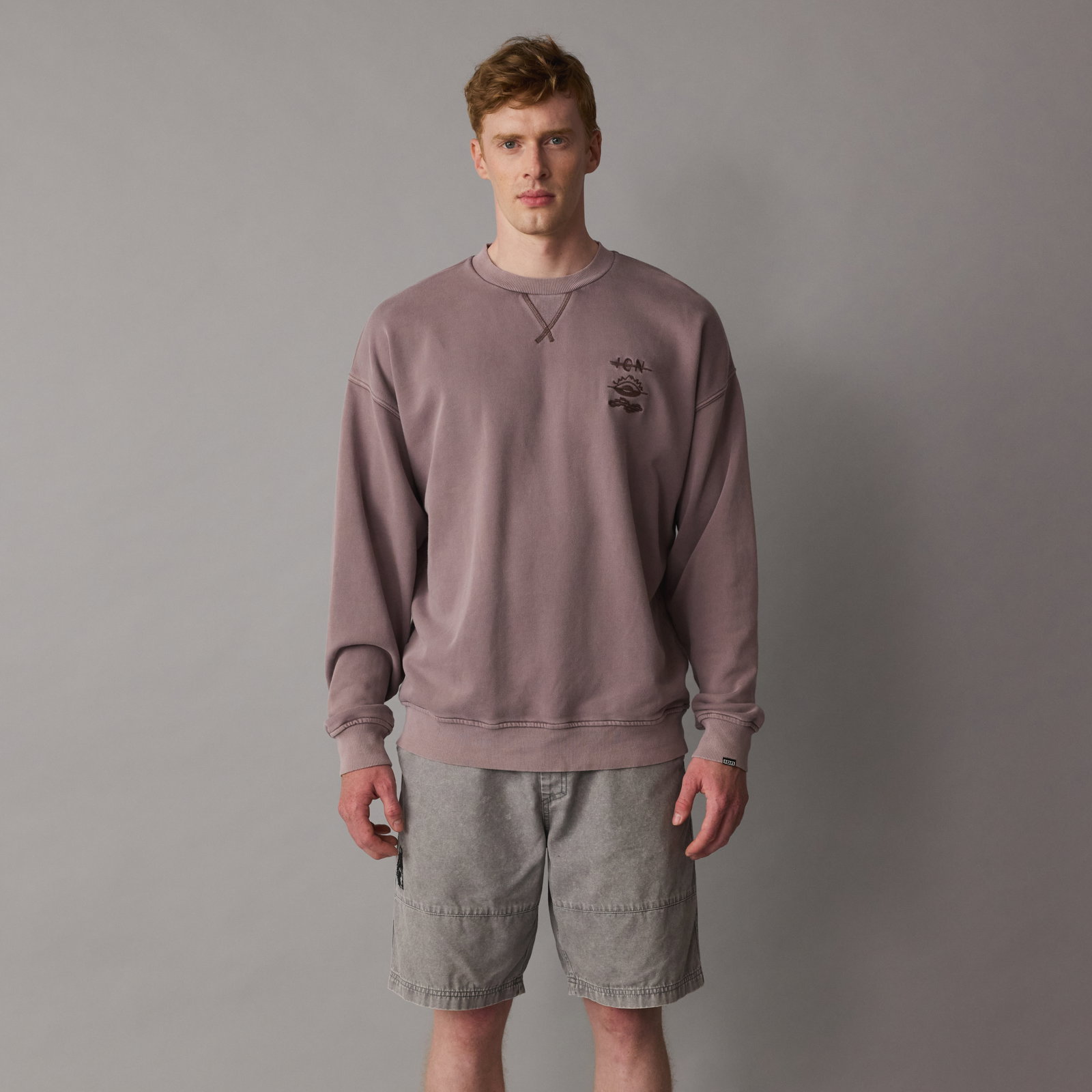 ION Mood men's sweater in driftwood, relaxed fit, crew neck, long sleeve, front view on model