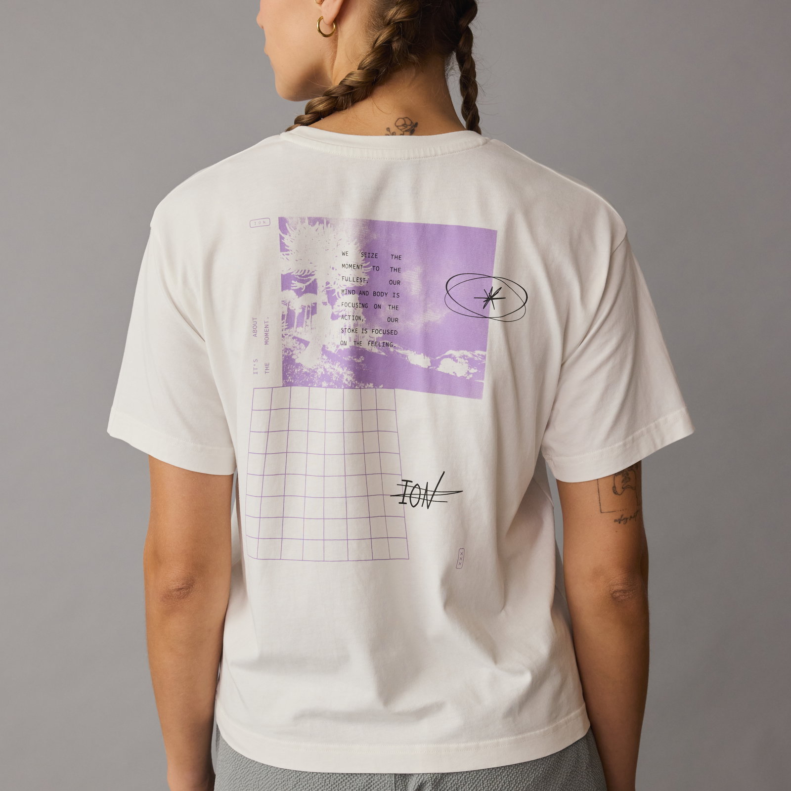 ION Vibes short-sleeve tee women in off-white with graphic back print, back view on model