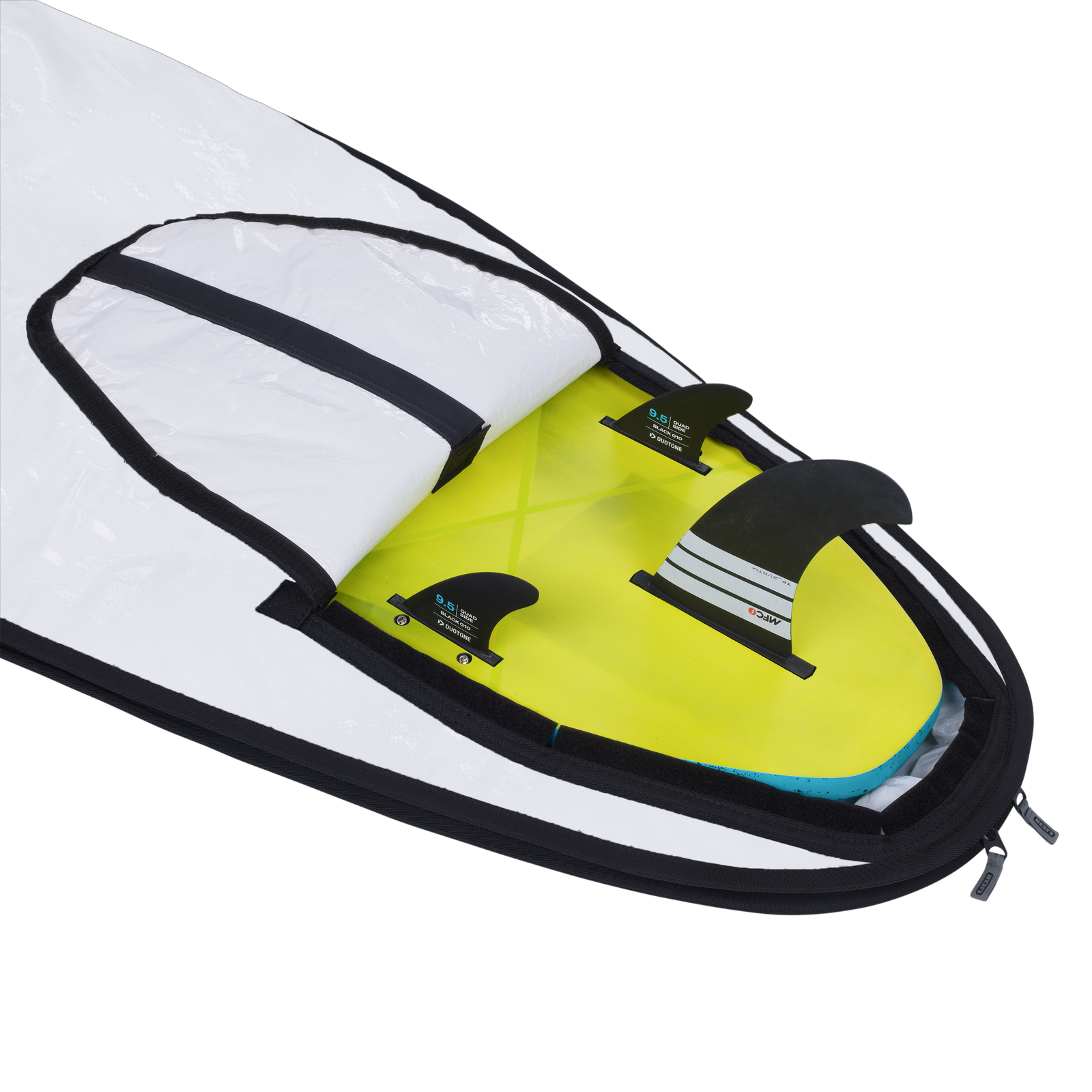 ION Core windsurf board bag fin pocket detail in black and white with board inside