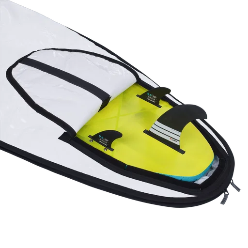 ION Core windsurf board bag fin pocket detail in black and white with board inside