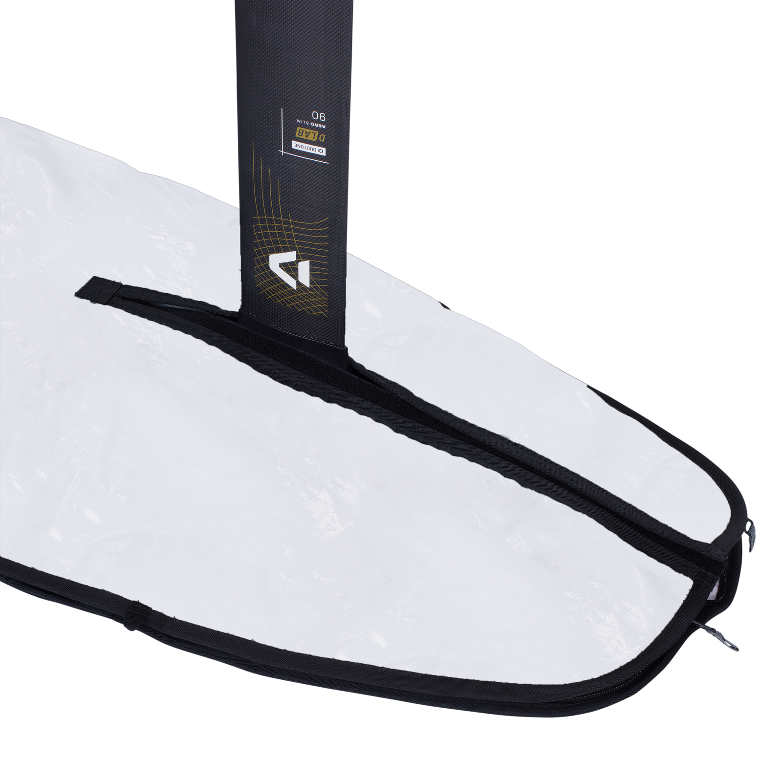 ION Wing Boardbag Core Slim 6'1" in white and charcoal detail view with zipper trim and carry strap