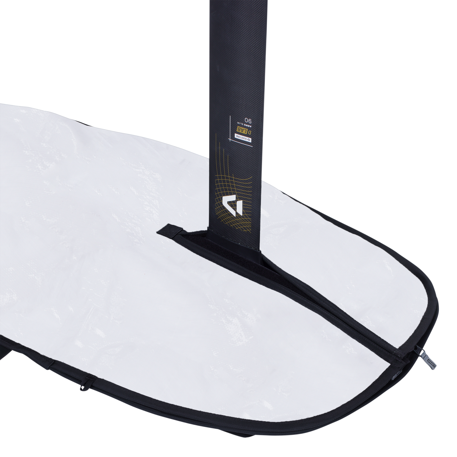 ION Core wing foil board bag in white and black with mast slot detail view