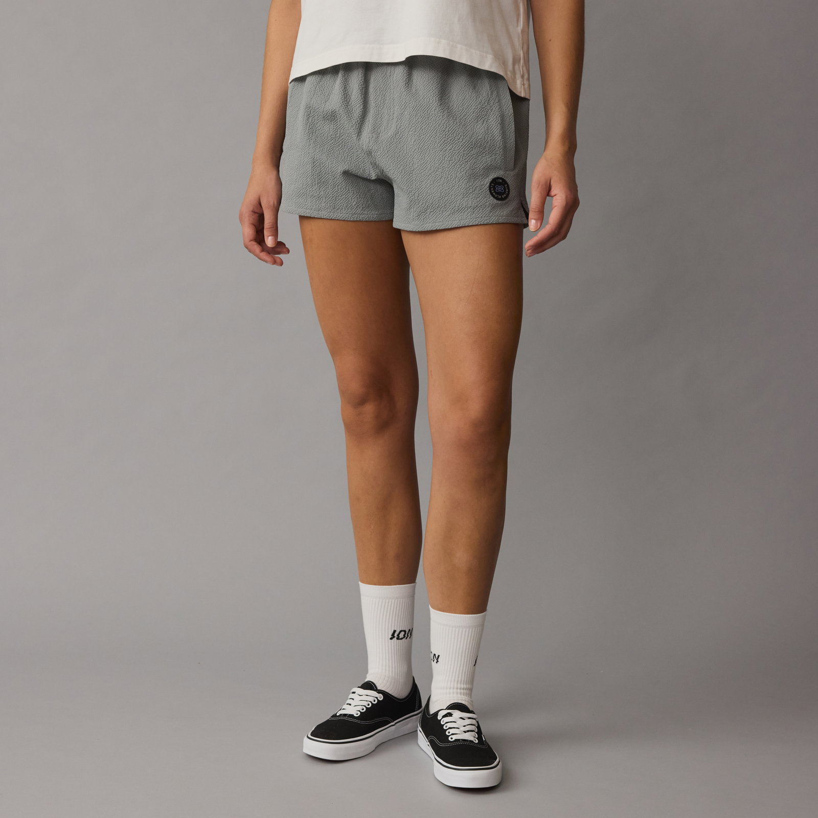 ION Tally board shorts 2.5" women in sage grey seersucker with high waistband