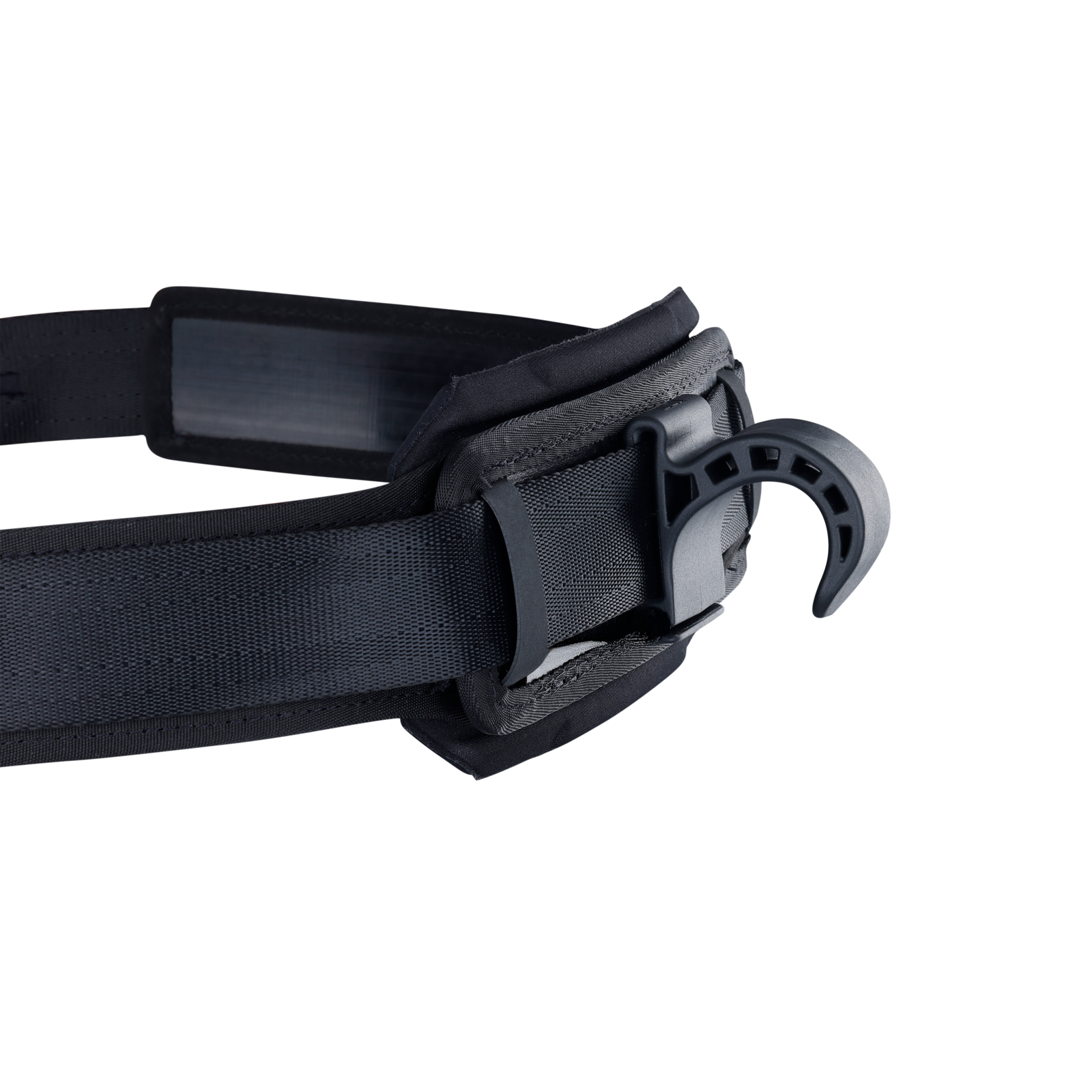 ION Rush waist harness in black, detail view of hook and buckle system