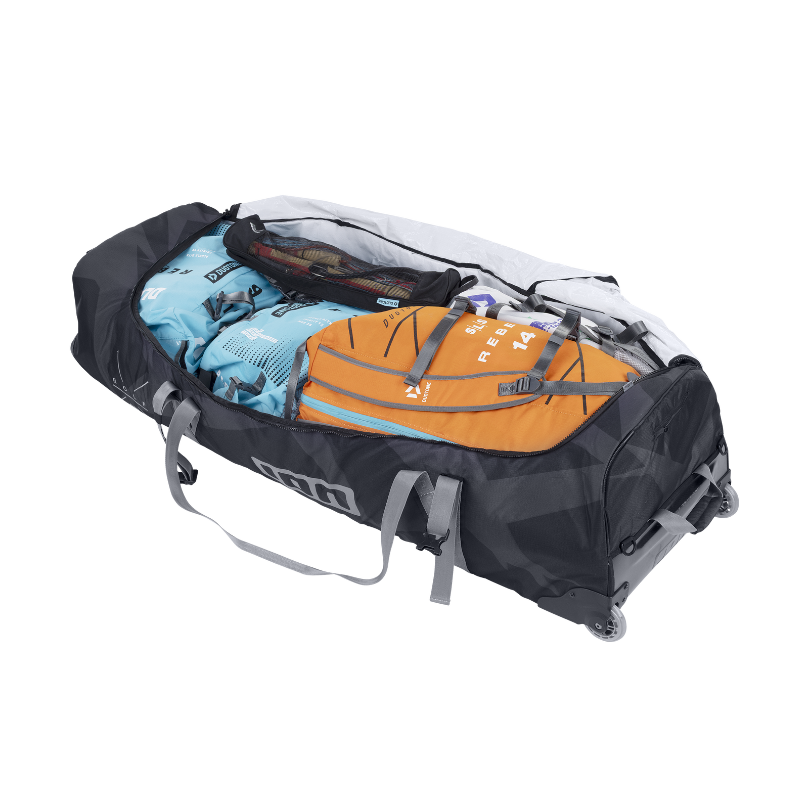 ION Gearbag Tec Golf wheeled kite travel bag in charcoal grey, open showing packed kite gear