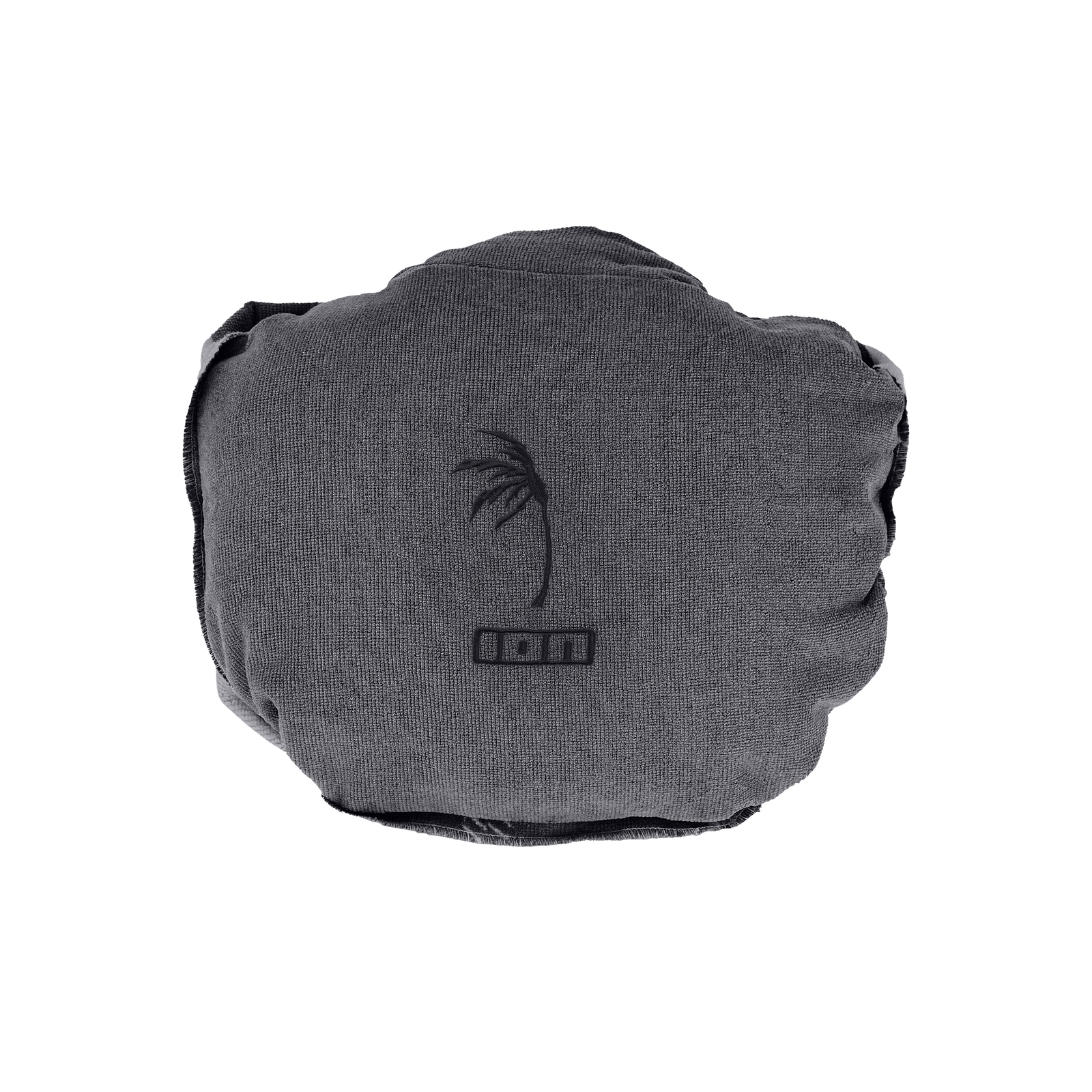 ION Element poncho in charcoal grey, rolled compact on white background