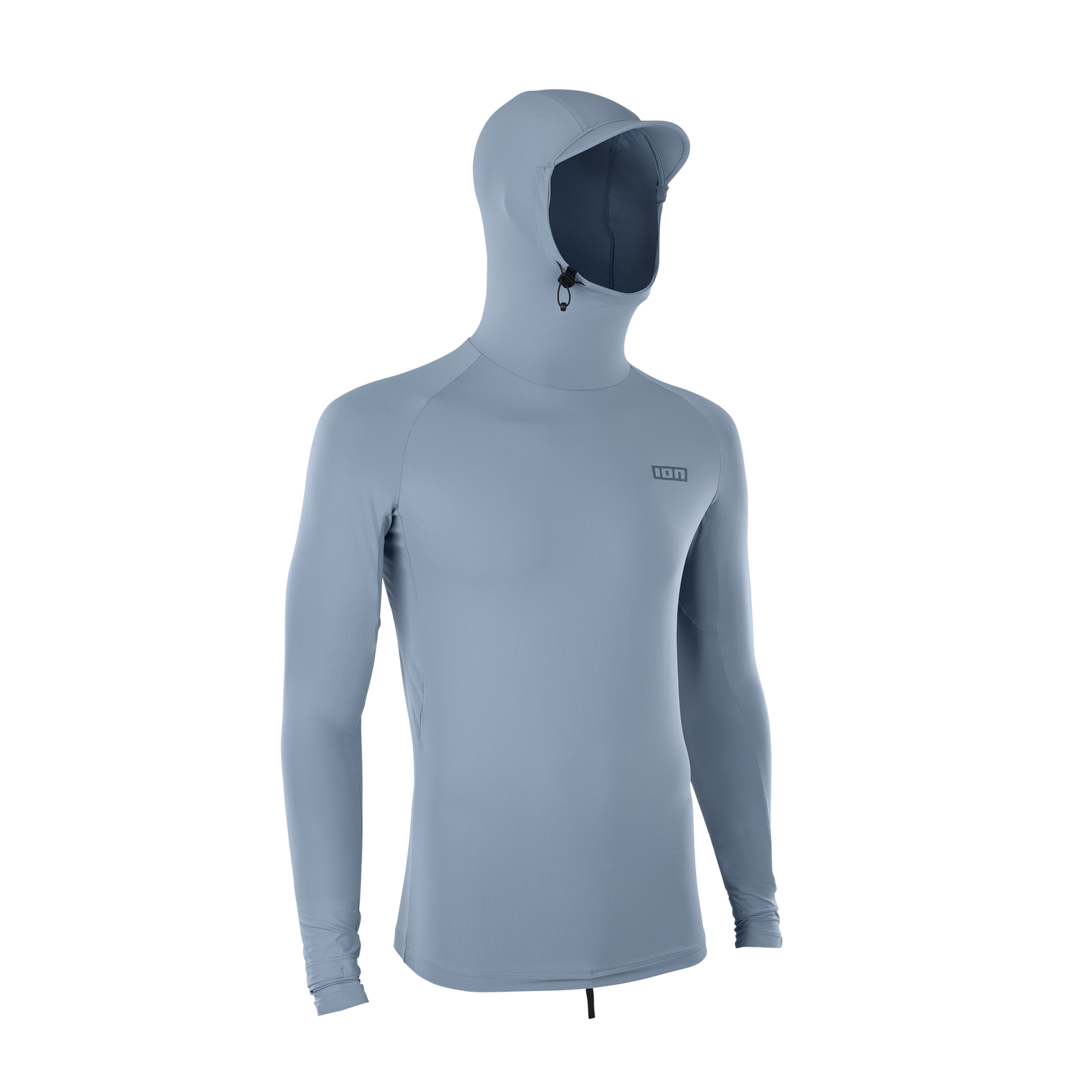 ION Sun Pro men's long-sleeve hooded rashguard in slate blue with UPF 50+