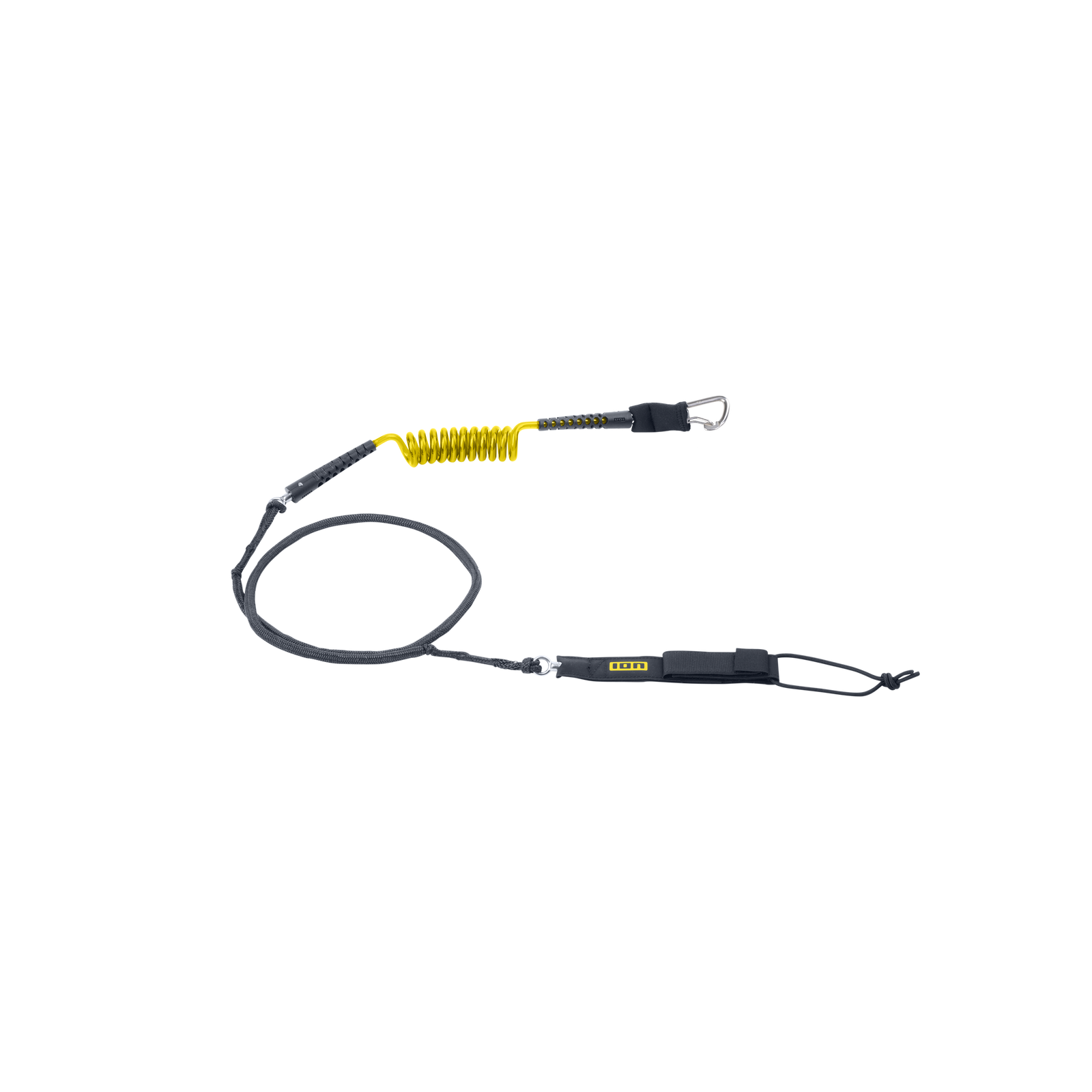 ION Core Hybrid wing board leash with carabiner in dark grey and yellow