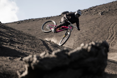 ION Scrub LS long sleeve cycling jersey during downhill mountain biking on volcanic terrain