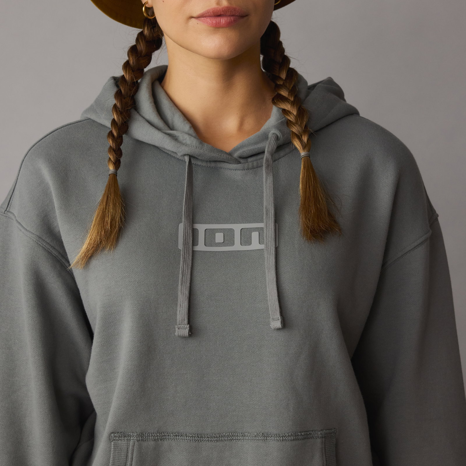 ION Ionic women's hoodie in sage grey with 3D logo and drop shoulder cut