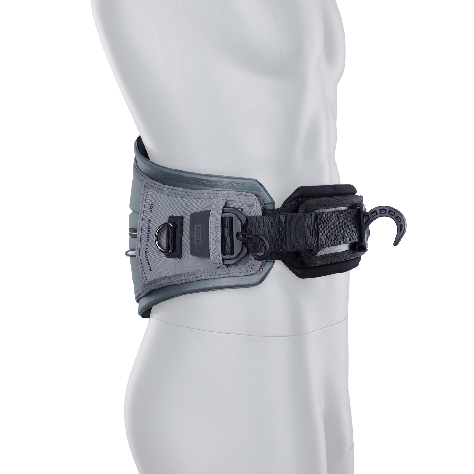 ION Rave waist harness in charcoal grey with spreader bar hook and soft-shell construction