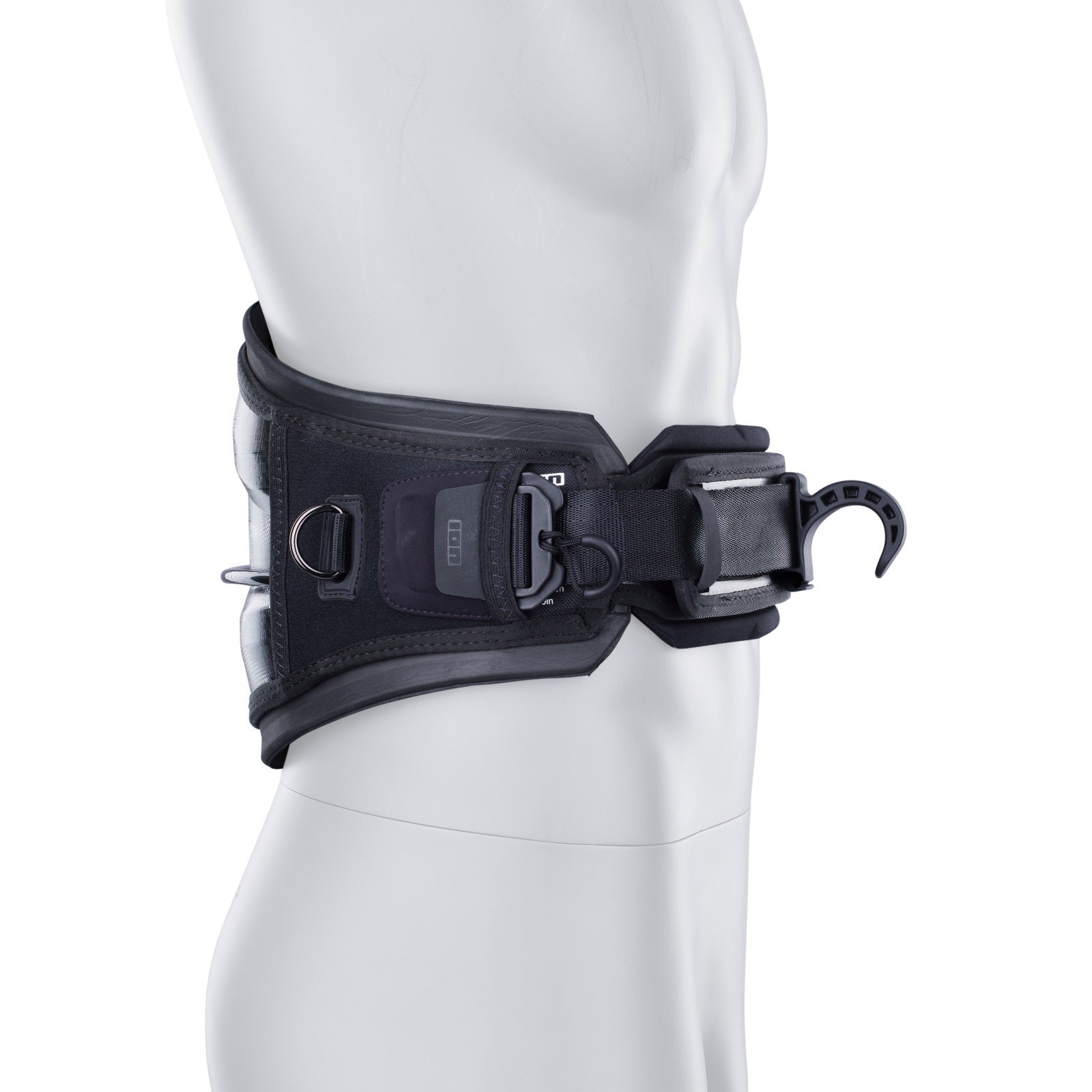 ION Rogue waist harness in black with CURV® hard shell back plate and spreader bar hook