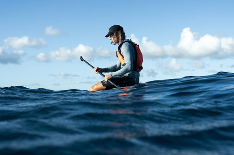 ION Explorer Bag downwind backpack during SUP paddling on the open ocean
